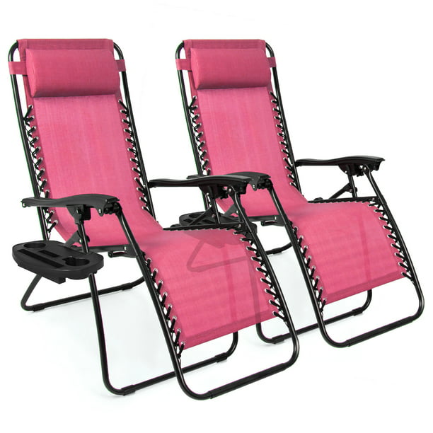 PINK Set of 2 Zero Gravity Chairs Lounge Patio Pool Outdoor Beach w/ Cup Holder